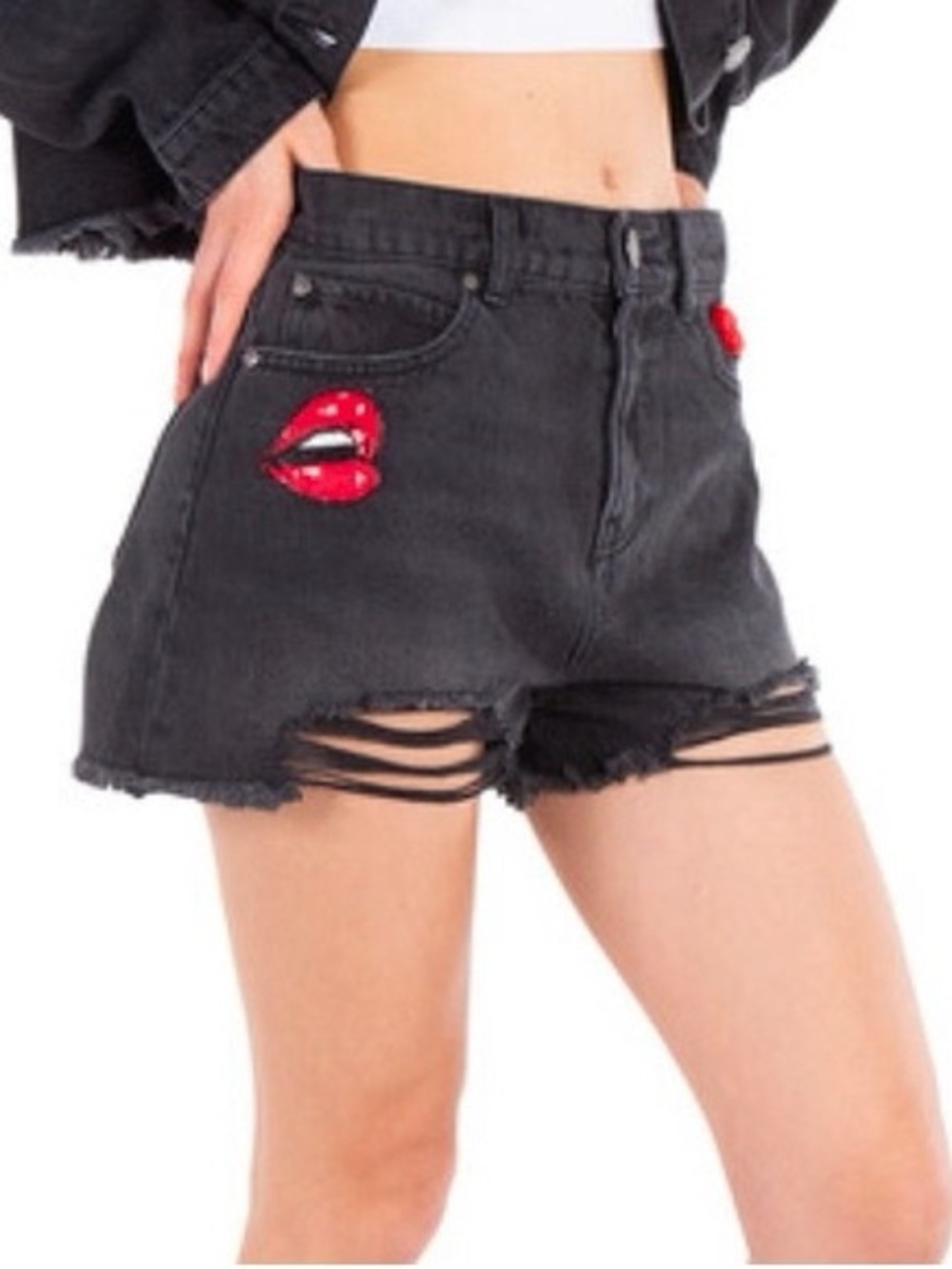 Pinko Gina Black Denim Cut Off Distressed Beaded Patch Lips Short Sz 27